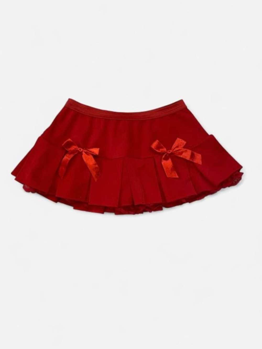 Red Pleated Micro Mini Skirt with Lace & Bows